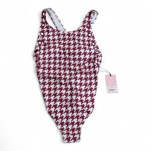 Juicy Couture One Piece Swimsuit Red White Houndstooth High Neck Grommets Padded